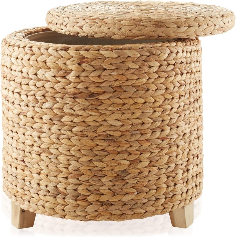 Casafield 17" Round Storage Ottoman with Lid - Natural, Handwoven Water Hyacinth Footstool for Living Room, Bedroom, Bathroom, Home Office - Image 5